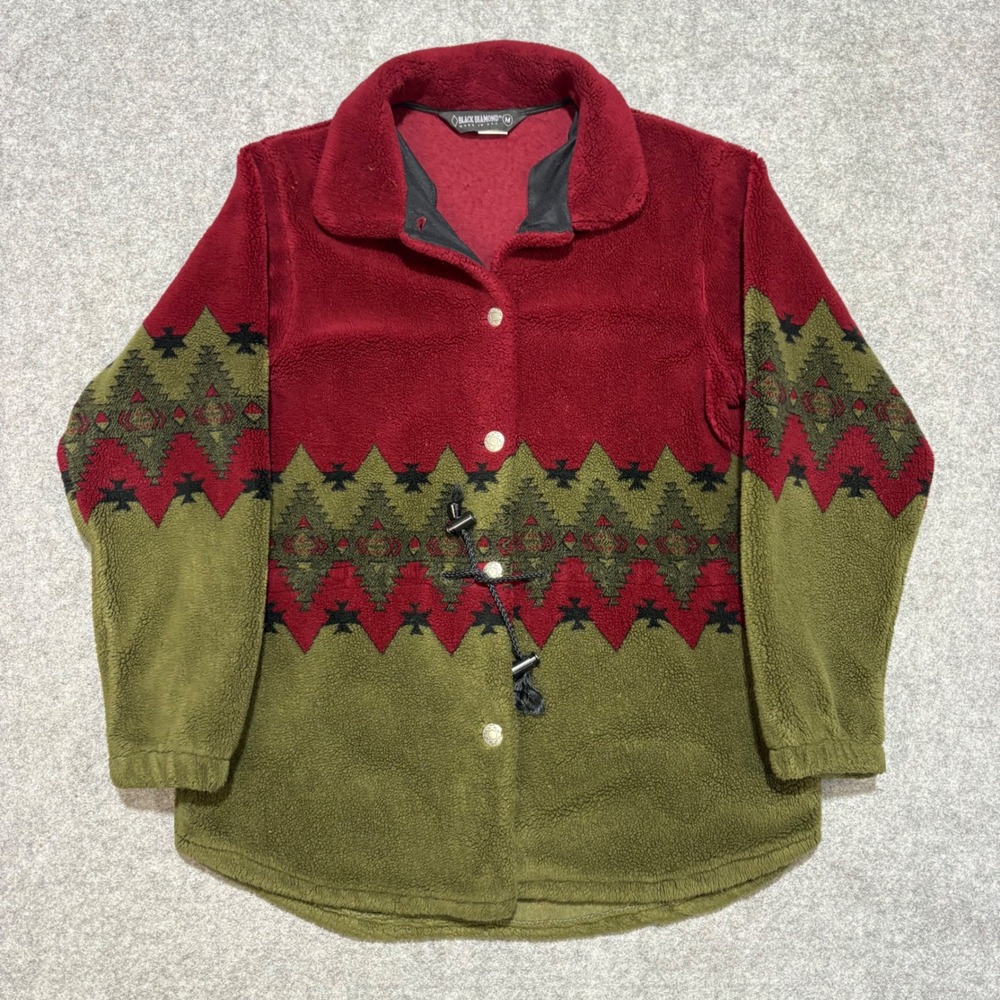 Vintage Black Diamond Fleece Jacket Mens Medium Red Green Southwestern USA Made
